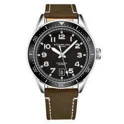 Relógio Stuhrling 3989 com mostrador preto, pulseira de couro marrom e fivela de prata 42mm