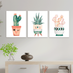 Kit 3 Quadros Decorativos Vinílico Cactus