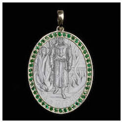 Medalha São Mizael em prata de Lei cravejada Esmeraldas