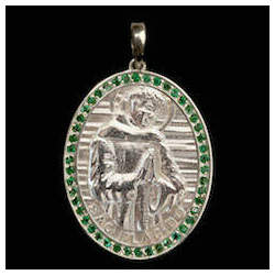 Medalha São Plácido em prata de Lei cravejada Esmeraldas