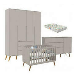 Quarto de Bebê Retrô Clean 4 Portas com Berço Retrô Gold Cinza Soft Eco Wood com Colchão Gazin - Matic