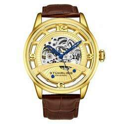 Relógio Automático Stuhrling Dauphine 3974, Mostrador Amarelo, Ponteiros Azuis, Pulseira de Couro Marrom 48mm