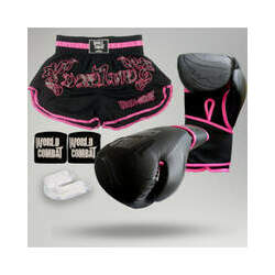 Kit: Luva World Combat Shock Black Pink Short Bucal Bandagem