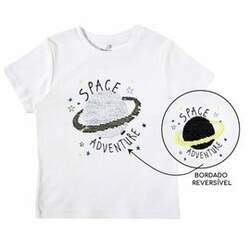 Camiseta Infantil Manga Curta Branca Bordado Reversível Space Adventure