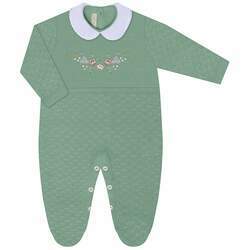 Macacão longo c/ golinha para bebê em tricot Flores Verde - Mini & Co