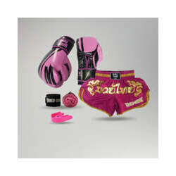 Kit Muay Thai Feminino: Luva World Combat Pro Serie Rosa Bucal Bandagem Short World Combat