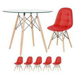 Mesa jantar cozinha redonda com tampo de vidro Eames 90 cm 5 cadeiras Eiffel Botonê