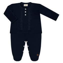 Jardineira c/ Casaco para bebê em tricot Marinho - Mini & Co