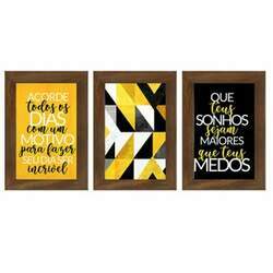 Kit 3 Quadros Decorativos Frase Motivação Sonhos Quadro de Parede Sala Geométrico Amarelo Quarto
