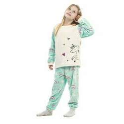 Pijama de Inverno Infantil Feminino em Fleece - Unicórnio Azul Água