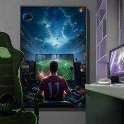(0) Quadro Decorativo Rapaz Jogando Vídeo-Game de Futebol em Seu Quarto com Céu Inspirado em Galaxia