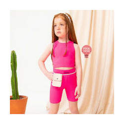 Conjunto Infantil Pink de Blusa Cropped e Bermuda Ciclista Neon