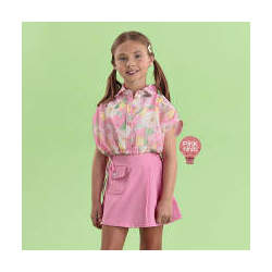 Conjunto Infantil Rosa Petit Cherie de Camisa Sobreposta Regata e Shorts-Saia com Bolsinho