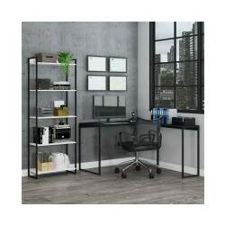 Conjunto Home Office 3 Peças Industry com Mesa em L, Estante e Cadeira ônix/Branco Chess - Pnr Móveis