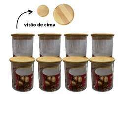 kit pote de vidro hermetico com tampa de bambu empilhável - 4 potes de 200ml e 4 potes de 600ml