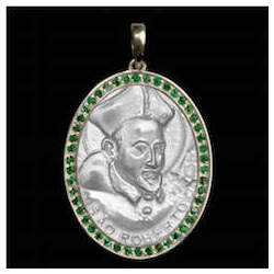 Medalha São Roberto em prata de Lei cravejada Esmeraldas