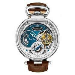 Relógio Automático Modena Dual Time 4033, mostrador azul, rosa, pulseira de couro preto, fivela em ouro Stuhrling 46mm