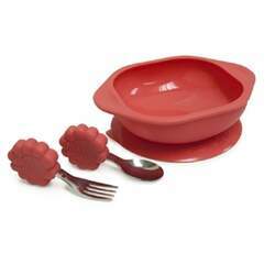 kit refeição de silicone bowl com ventosa e talheres leão vermelho marcus e marcus