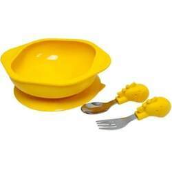 kit refeição de silicone bowl com ventosa e talheres girafa amarelo marcus e marcus