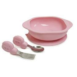 kit refeição de silicone bowl com ventosa e talheres porquinho rosa marcus e marcus
