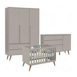 Quarto de Bebê Retrô Clean 3 Portas com Berço Retrô Gold Cinza Soft Eco Wood - Matic