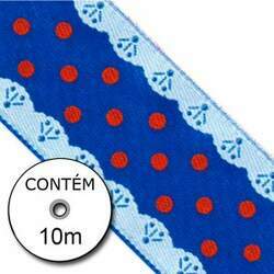 Fita Cetim - Azul Royal Poá Vermelho Rendado 25mm (Rolo 10M)