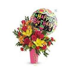 Buquê de Flores Coloridas Mistas e Balão Happy Birthday para os Estados Unidos