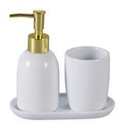 Conjunto 3 Peças para Banheiro de Cerâmica Londres Branco e Dourado - Lyor