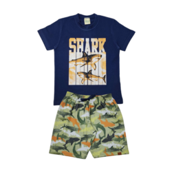 Conjunto Infantil Menino Camiseta com Estampa Tubarão e Bermuda