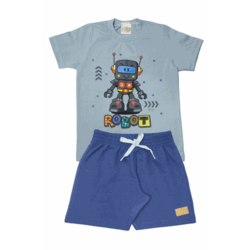 Conjunto Infantil Menino Camiseta com Estampa Robô e Bermuda