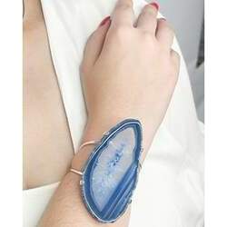 Bracelete Chapa de Ágata Azul Banhado Prata