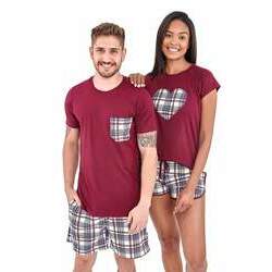 Pijama de Casal Curto com Shorts - Xadrez Vinho