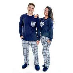Kit Pijamas Inverno para Casal Xadrez Marinho - Manga Comprida com Calça Xadrez