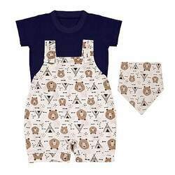 Conjunto Bebê Masculino Camiseta Manga Curta e Macacão Irmão Urso