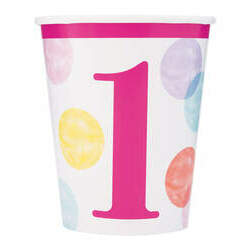 8 copos de primeiro aniversário cor-de-rosa - Pink Dots 1st Birthday